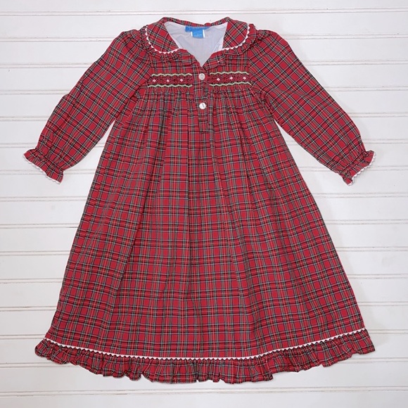 ANAVINI EUC Hand Smocked Christmas Plaid Peter Pan Collar Long Sleeve Dress - Picture 1 of 3